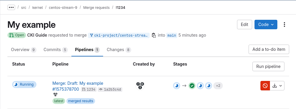 Pipeline running in the &ldquo;pipelines&rdquo; tab