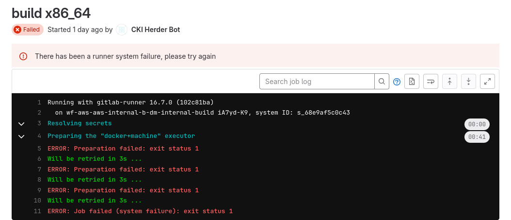 GitLab CI/CD job log with runner system failure